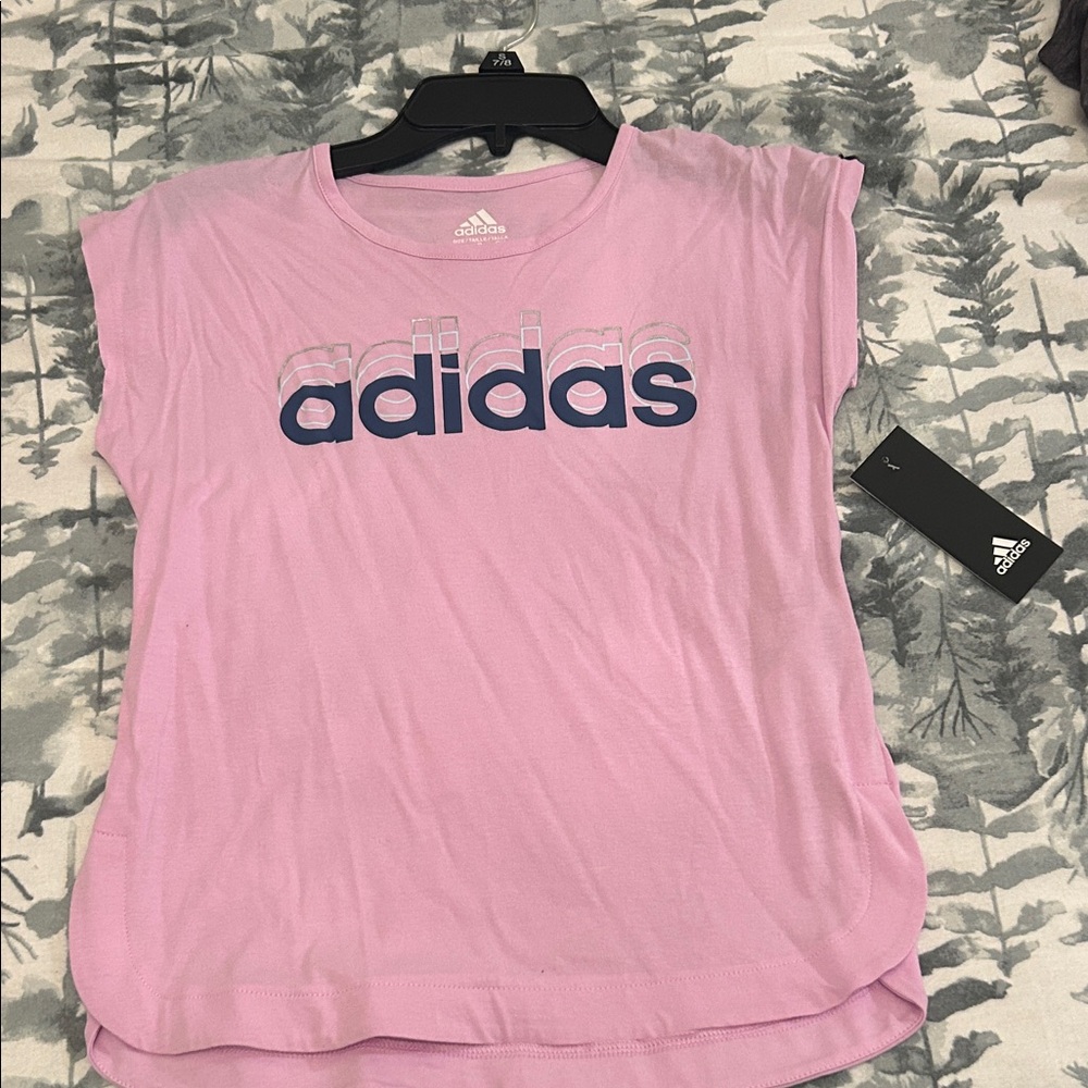 Girls Adidas Light Pink Short Sleeve Logo Tee with Navy Print NWT